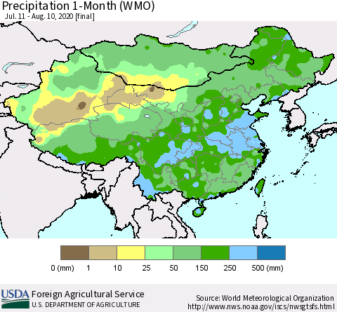China, Mongolia and Taiwan Precipitation 1-Month (WMO) Thematic Map For 7/11/2020 - 8/10/2020