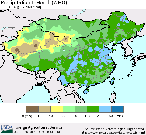 China, Mongolia and Taiwan Precipitation 1-Month (WMO) Thematic Map For 7/16/2020 - 8/15/2020