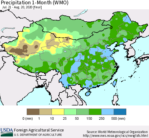 China, Mongolia and Taiwan Precipitation 1-Month (WMO) Thematic Map For 7/21/2020 - 8/20/2020