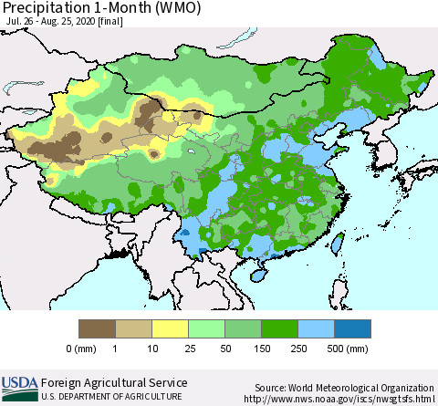 China, Mongolia and Taiwan Precipitation 1-Month (WMO) Thematic Map For 7/26/2020 - 8/25/2020