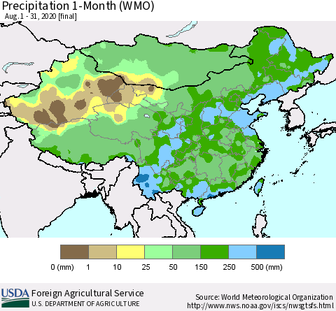 China, Mongolia and Taiwan Precipitation 1-Month (WMO) Thematic Map For 8/1/2020 - 8/31/2020