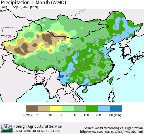 China, Mongolia and Taiwan Precipitation 1-Month (WMO) Thematic Map For 8/6/2020 - 9/5/2020