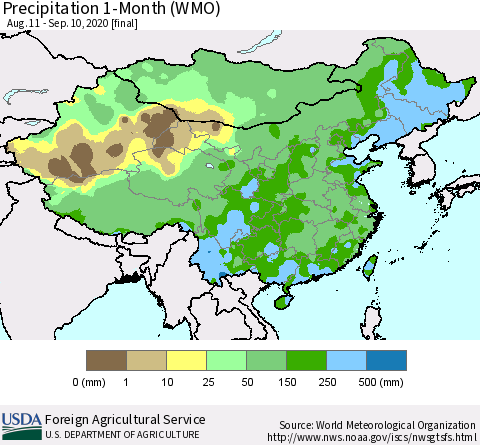 China, Mongolia and Taiwan Precipitation 1-Month (WMO) Thematic Map For 8/11/2020 - 9/10/2020