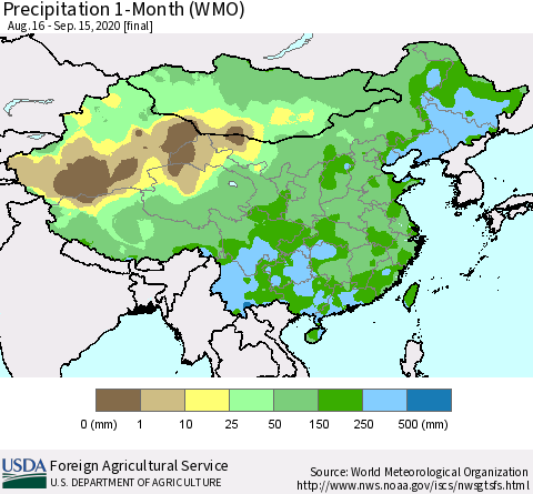China, Mongolia and Taiwan Precipitation 1-Month (WMO) Thematic Map For 8/16/2020 - 9/15/2020