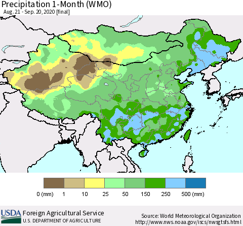 China, Mongolia and Taiwan Precipitation 1-Month (WMO) Thematic Map For 8/21/2020 - 9/20/2020