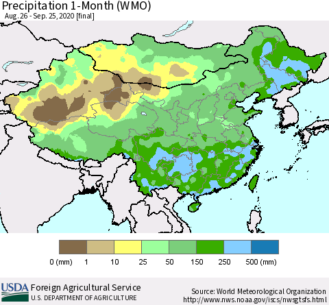 China, Mongolia and Taiwan Precipitation 1-Month (WMO) Thematic Map For 8/26/2020 - 9/25/2020
