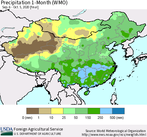 China, Mongolia and Taiwan Precipitation 1-Month (WMO) Thematic Map For 9/6/2020 - 10/5/2020