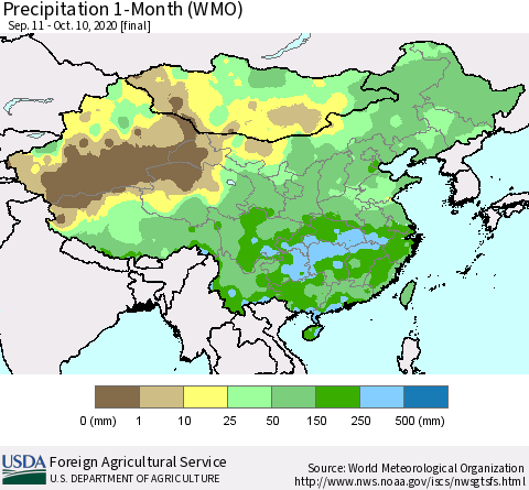 China, Mongolia and Taiwan Precipitation 1-Month (WMO) Thematic Map For 9/11/2020 - 10/10/2020