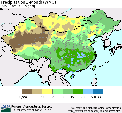 China, Mongolia and Taiwan Precipitation 1-Month (WMO) Thematic Map For 9/16/2020 - 10/15/2020