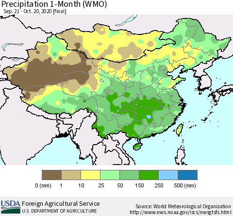China, Mongolia and Taiwan Precipitation 1-Month (WMO) Thematic Map For 9/21/2020 - 10/20/2020