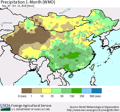 China, Mongolia and Taiwan Precipitation 1-Month (WMO) Thematic Map For 9/26/2020 - 10/25/2020