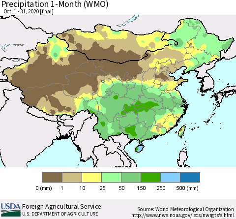 China, Mongolia and Taiwan Precipitation 1-Month (WMO) Thematic Map For 10/1/2020 - 10/31/2020