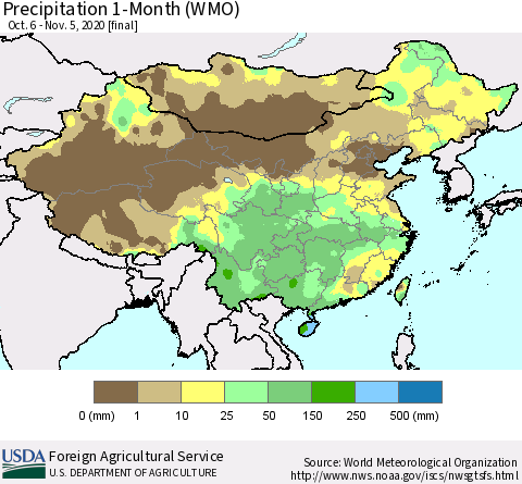 China, Mongolia and Taiwan Precipitation 1-Month (WMO) Thematic Map For 10/6/2020 - 11/5/2020