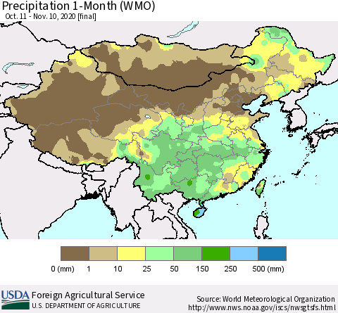 China, Mongolia and Taiwan Precipitation 1-Month (WMO) Thematic Map For 10/11/2020 - 11/10/2020