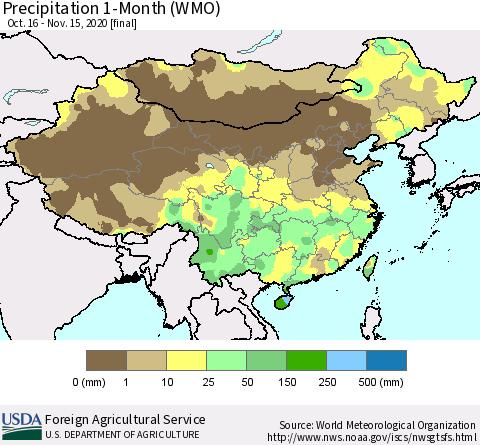 China, Mongolia and Taiwan Precipitation 1-Month (WMO) Thematic Map For 10/16/2020 - 11/15/2020