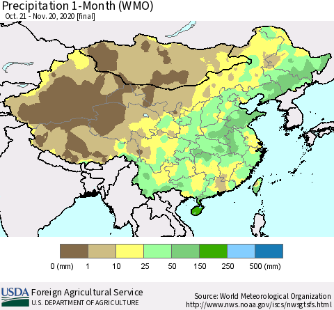 China, Mongolia and Taiwan Precipitation 1-Month (WMO) Thematic Map For 10/21/2020 - 11/20/2020