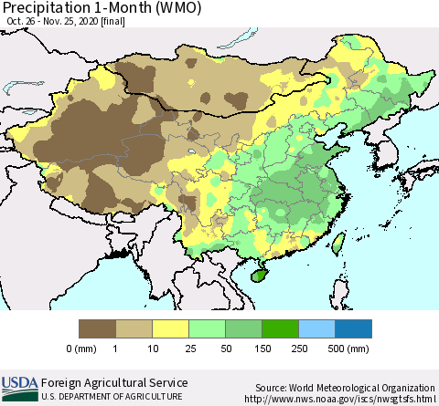 China, Mongolia and Taiwan Precipitation 1-Month (WMO) Thematic Map For 10/26/2020 - 11/25/2020