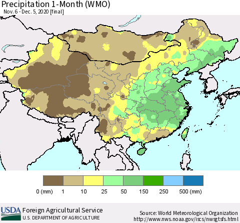 China, Mongolia and Taiwan Precipitation 1-Month (WMO) Thematic Map For 11/6/2020 - 12/5/2020