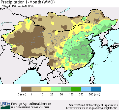 China, Mongolia and Taiwan Precipitation 1-Month (WMO) Thematic Map For 11/11/2020 - 12/10/2020
