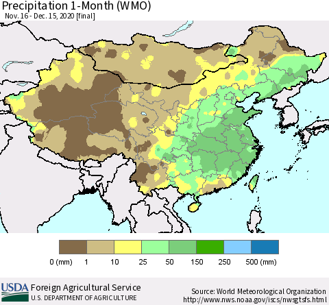 China, Mongolia and Taiwan Precipitation 1-Month (WMO) Thematic Map For 11/16/2020 - 12/15/2020