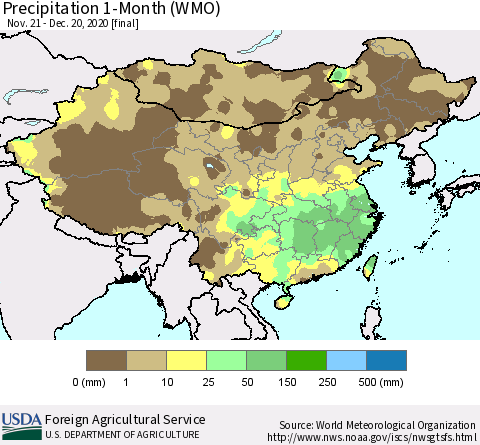 China, Mongolia and Taiwan Precipitation 1-Month (WMO) Thematic Map For 11/21/2020 - 12/20/2020