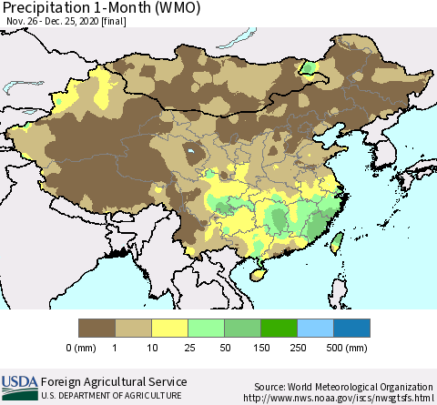 China, Mongolia and Taiwan Precipitation 1-Month (WMO) Thematic Map For 11/26/2020 - 12/25/2020