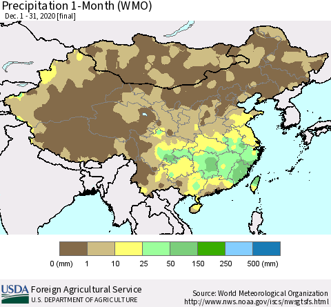 China, Mongolia and Taiwan Precipitation 1-Month (WMO) Thematic Map For 12/1/2020 - 12/31/2020