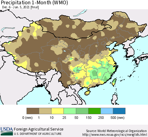 China, Mongolia and Taiwan Precipitation 1-Month (WMO) Thematic Map For 12/6/2020 - 1/5/2021