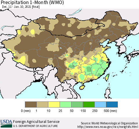 China, Mongolia and Taiwan Precipitation 1-Month (WMO) Thematic Map For 12/11/2020 - 1/10/2021
