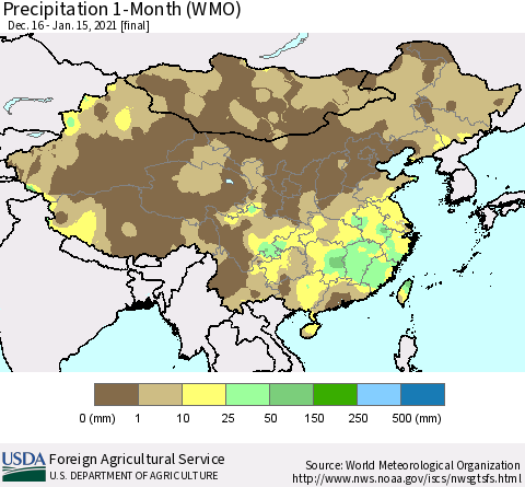 China, Mongolia and Taiwan Precipitation 1-Month (WMO) Thematic Map For 12/16/2020 - 1/15/2021