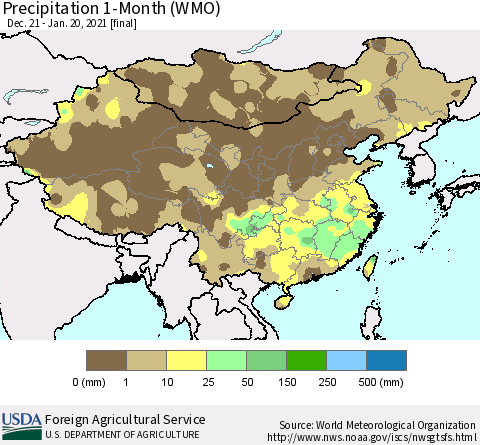 China, Mongolia and Taiwan Precipitation 1-Month (WMO) Thematic Map For 12/21/2020 - 1/20/2021
