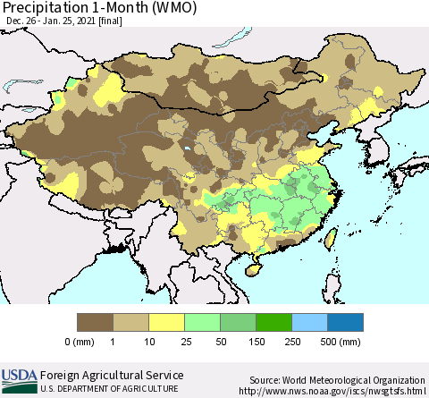 China, Mongolia and Taiwan Precipitation 1-Month (WMO) Thematic Map For 12/26/2020 - 1/25/2021