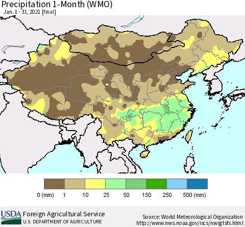 China, Mongolia and Taiwan Precipitation 1-Month (WMO) Thematic Map For 1/1/2021 - 1/31/2021