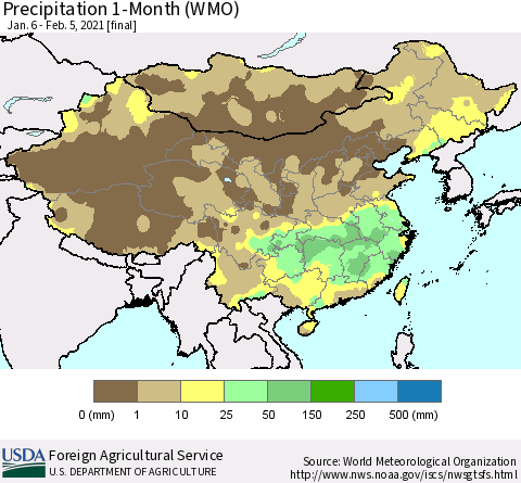 China, Mongolia and Taiwan Precipitation 1-Month (WMO) Thematic Map For 1/6/2021 - 2/5/2021