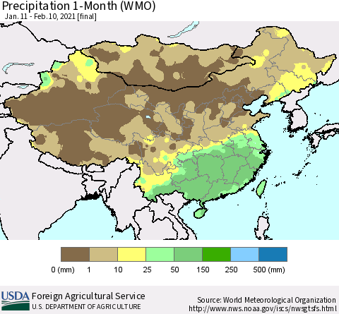 China, Mongolia and Taiwan Precipitation 1-Month (WMO) Thematic Map For 1/11/2021 - 2/10/2021