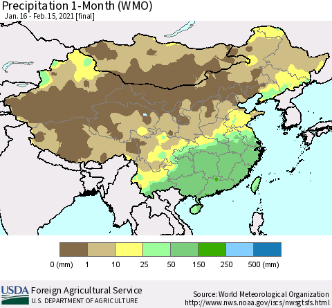 China, Mongolia and Taiwan Precipitation 1-Month (WMO) Thematic Map For 1/16/2021 - 2/15/2021