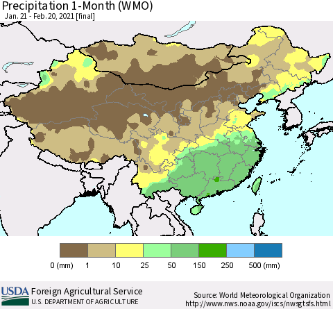 China, Mongolia and Taiwan Precipitation 1-Month (WMO) Thematic Map For 1/21/2021 - 2/20/2021