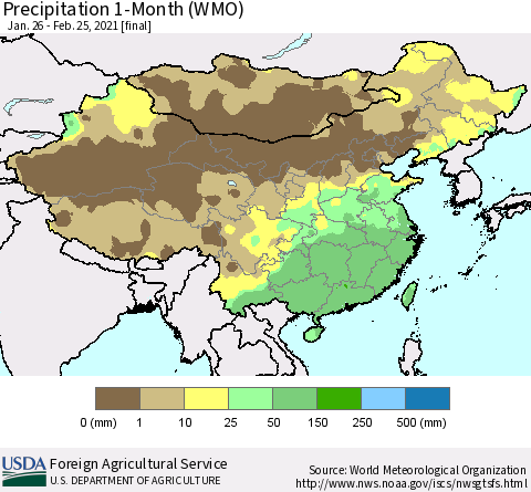 China, Mongolia and Taiwan Precipitation 1-Month (WMO) Thematic Map For 1/26/2021 - 2/25/2021