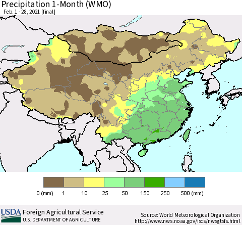 China, Mongolia and Taiwan Precipitation 1-Month (WMO) Thematic Map For 2/1/2021 - 2/28/2021