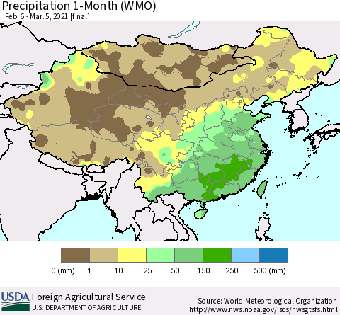 China, Mongolia and Taiwan Precipitation 1-Month (WMO) Thematic Map For 2/6/2021 - 3/5/2021