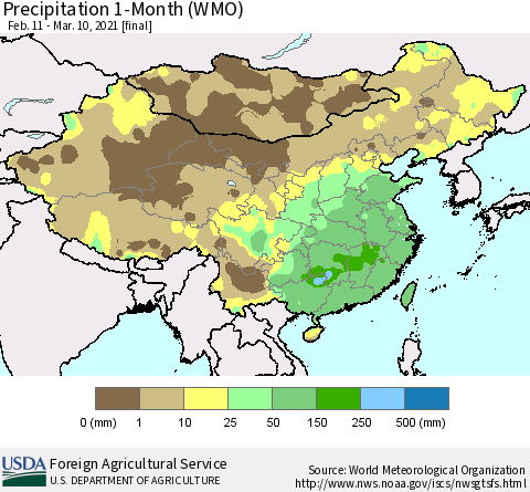China, Mongolia and Taiwan Precipitation 1-Month (WMO) Thematic Map For 2/11/2021 - 3/10/2021