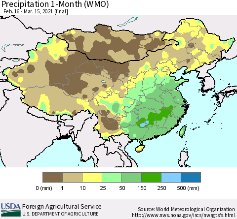 China, Mongolia and Taiwan Precipitation 1-Month (WMO) Thematic Map For 2/16/2021 - 3/15/2021