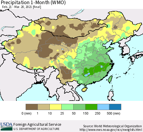 China, Mongolia and Taiwan Precipitation 1-Month (WMO) Thematic Map For 2/21/2021 - 3/20/2021