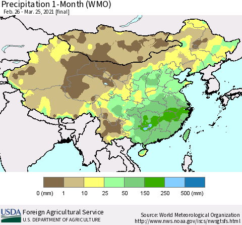 China, Mongolia and Taiwan Precipitation 1-Month (WMO) Thematic Map For 2/26/2021 - 3/25/2021