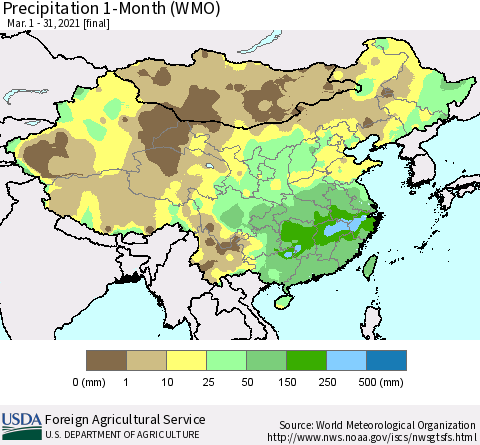 China, Mongolia and Taiwan Precipitation 1-Month (WMO) Thematic Map For 3/1/2021 - 3/31/2021