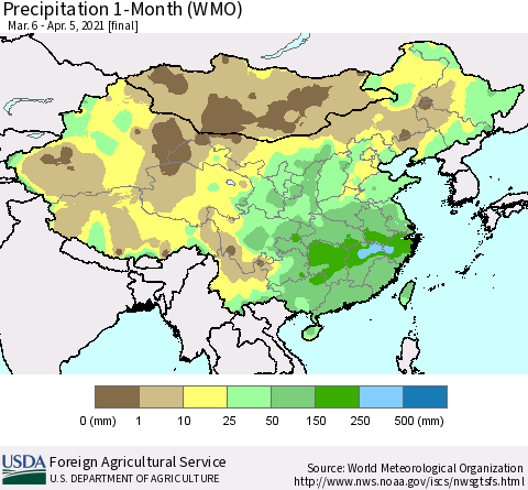China, Mongolia and Taiwan Precipitation 1-Month (WMO) Thematic Map For 3/6/2021 - 4/5/2021
