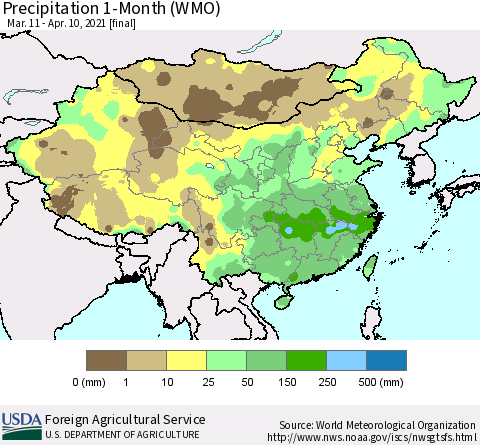 China, Mongolia and Taiwan Precipitation 1-Month (WMO) Thematic Map For 3/11/2021 - 4/10/2021
