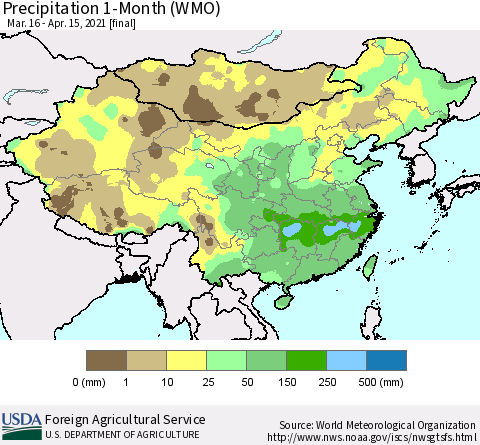 China, Mongolia and Taiwan Precipitation 1-Month (WMO) Thematic Map For 3/16/2021 - 4/15/2021