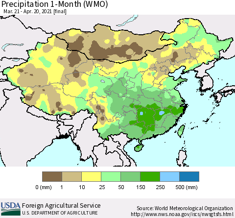 China, Mongolia and Taiwan Precipitation 1-Month (WMO) Thematic Map For 3/21/2021 - 4/20/2021