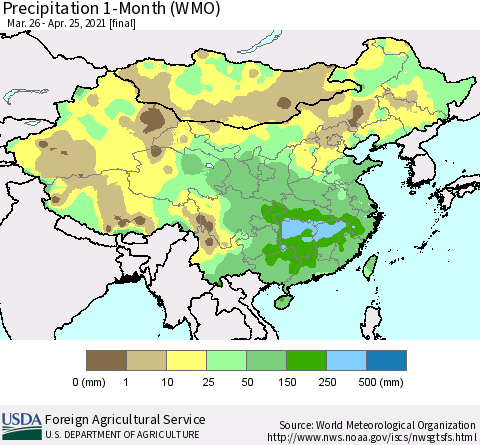 China, Mongolia and Taiwan Precipitation 1-Month (WMO) Thematic Map For 3/26/2021 - 4/25/2021